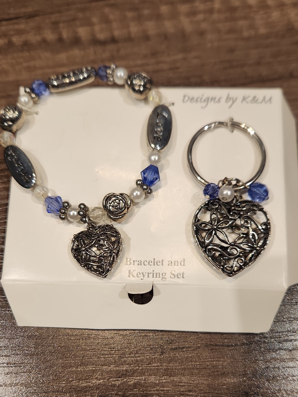 NWOT Silver Colored Filigree Heart Bracelet & Keyring Set with Blue Beads